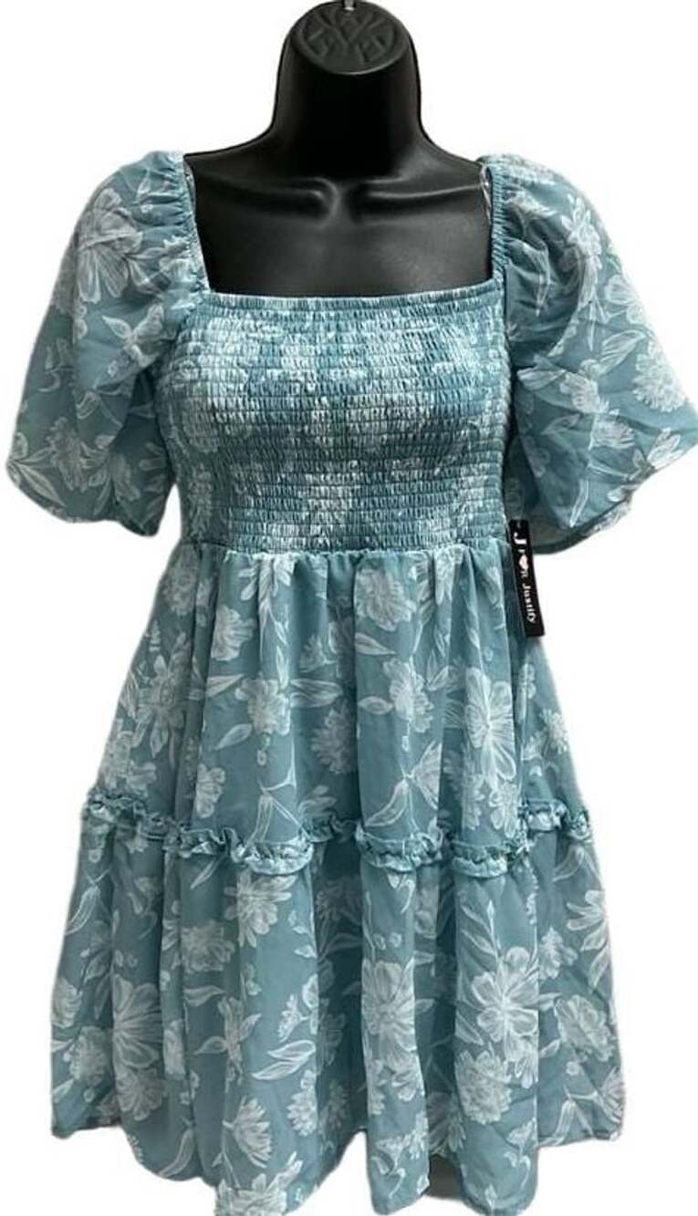 Justify Blue Floral Smocked Square Neck Tiered Mini Dress